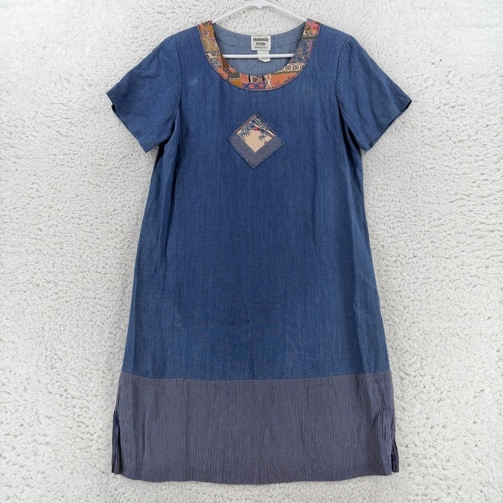 Naturally Petite Dress Womens Petite Small Blue Chambray Patchwork Hawaii VTG